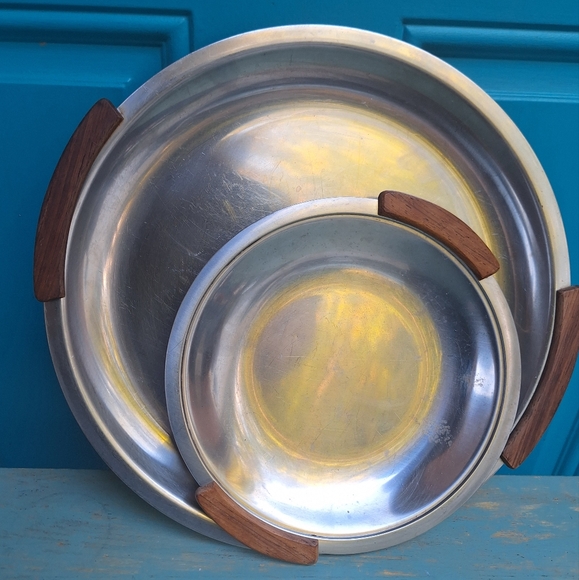 Vintage Stainless Steel Tray Teak Wood Handles MCM Metal Platter Modern Display - Picture 15 of 15